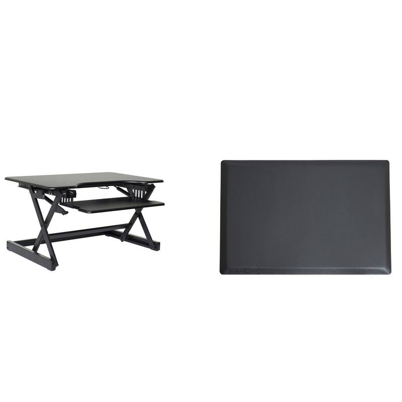 Rocelco 32 in. W Black Height Adjustable Standing Desk Converter with Anti Fatigue Mat, Dual Monitor and Gas Spring Tray System