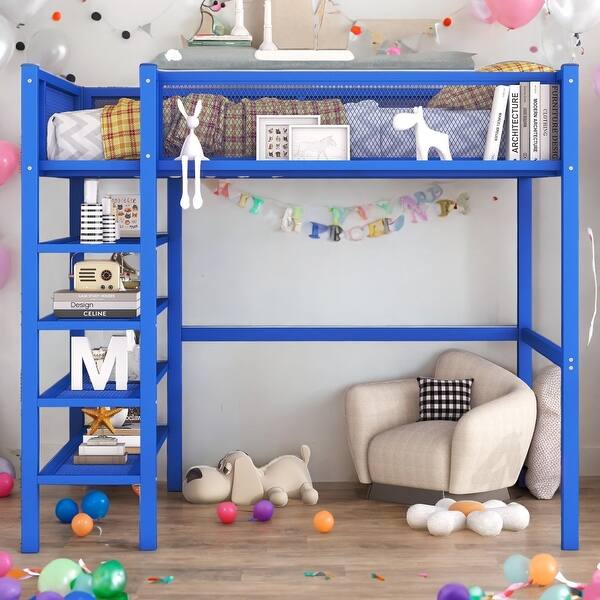 slide 2 of 13, Full Size Modern Style Metal Loft Bed with 4-Tier Shelves and Storage,Blue Blue