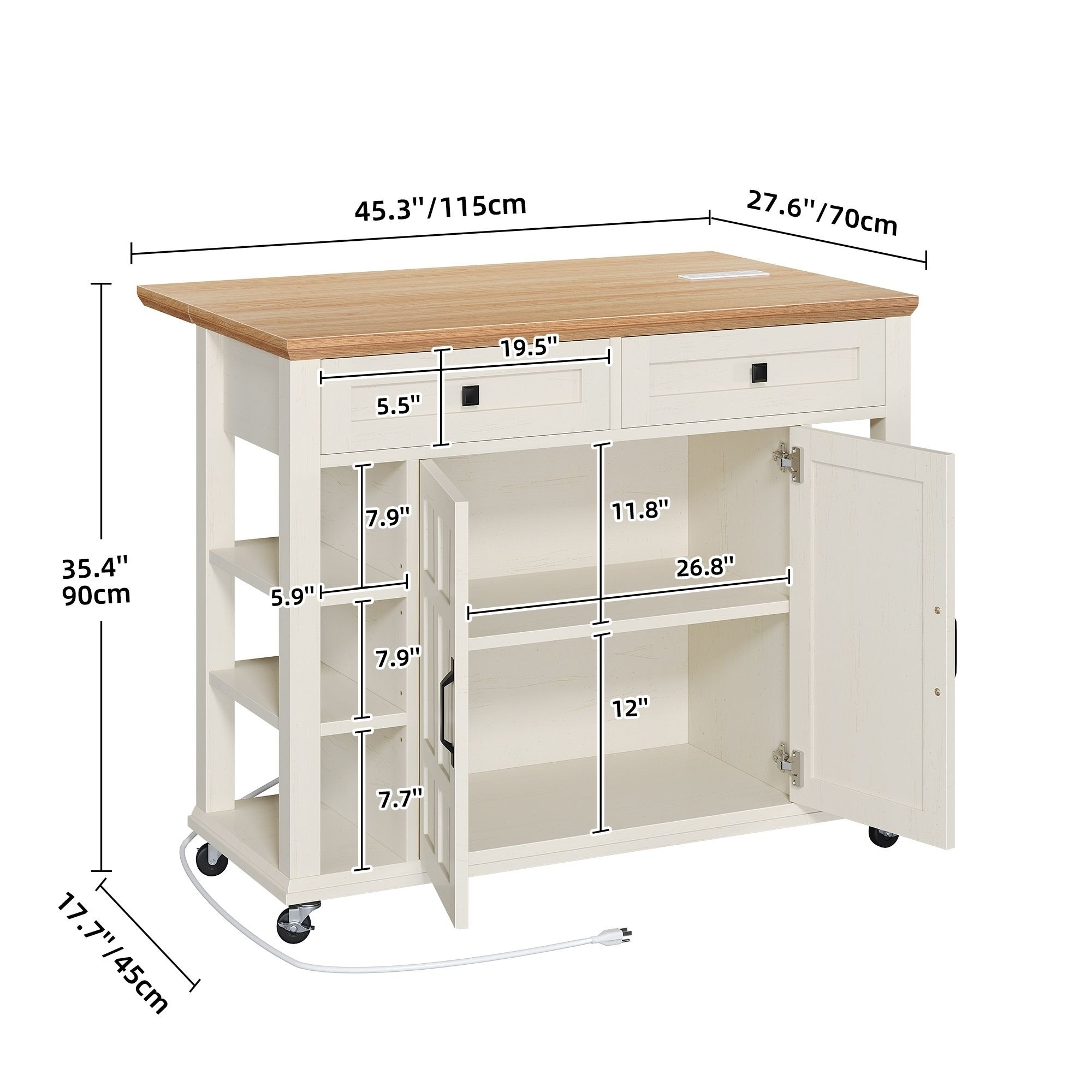 45" Rolling Kitchen Island with Storage & Drawers, Extendable Bar Table with Lockable Wheels