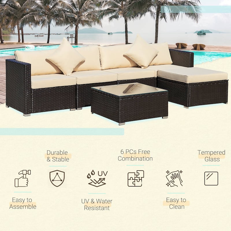 Outsunny 6-Piece Outdoor Patio Rattan Wicker Furniture Set with Comfortable Cotton Cushions, Removable Slip Covers