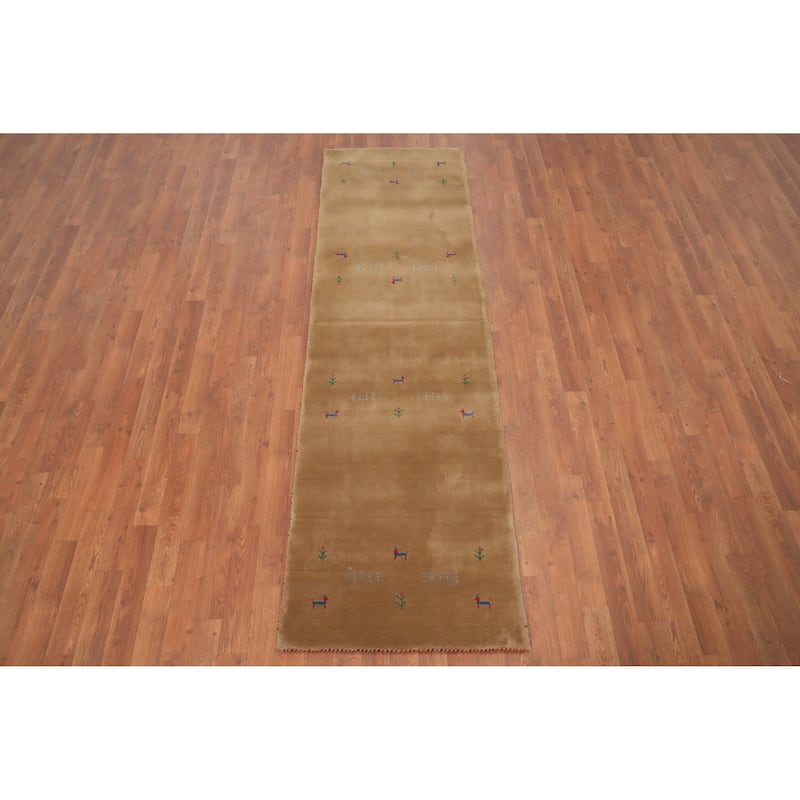 Hand Knotted Oriental 100% Wool Carpet Tribal Animal Pictorial Brown Gabbeh Runner Rug - 8' 1'' X 2' 5''