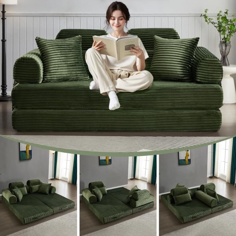 Convertible Sleeper Sofa Bed, 78.5" Corduroy Foldable Loveseat Sofa, King Size Floor Mattress Couch, No Assembly Required - Olive Green