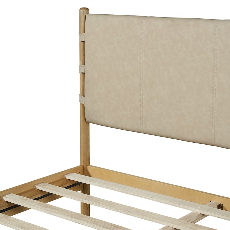 Low-Profile Platform Bed Frame with Upholstered Panel Headboard Wood Slat Supports and Center Support Legs for Bedroom Apartment