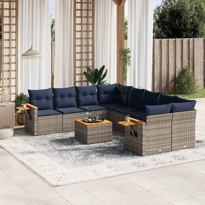 vidaXL 9 Piece Patio Sofa Set with Cushions Grey Poly Rattan (US only) - 113.8x33.5x92.1