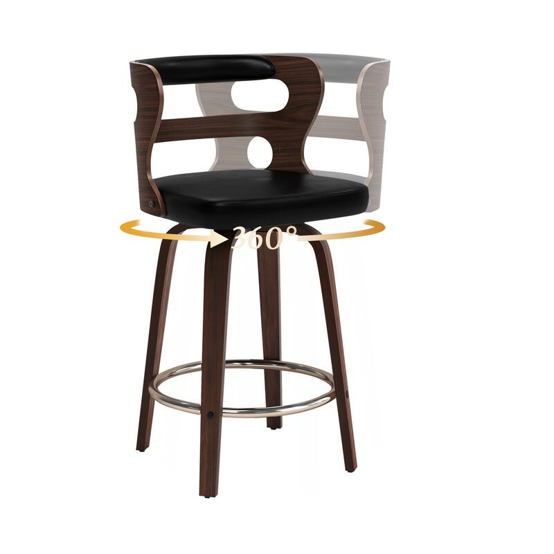 LUE BONA 26"H Modern Walnut Swivel Counter Height Stools, Bar Stools with Backs Set of 3 - 26" H