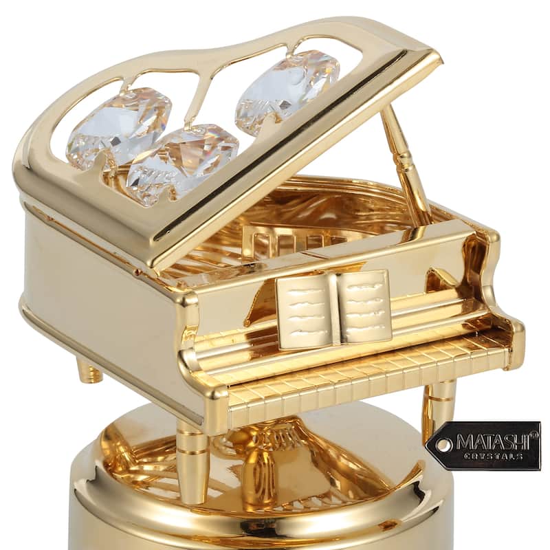 Matashi Home Decorative Tabletop Showpiece 24K Gold Plated Wind Up Music Box with Crystal Studded Grand Piano Figurine