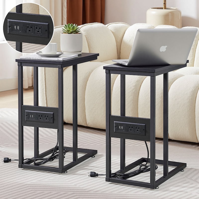 Javlergo Set of 2 C-Shaped Sofa Side Table, Small End Table for Living Room, Narrow Bedside/TV Tray Table - With Charging Station - Black
