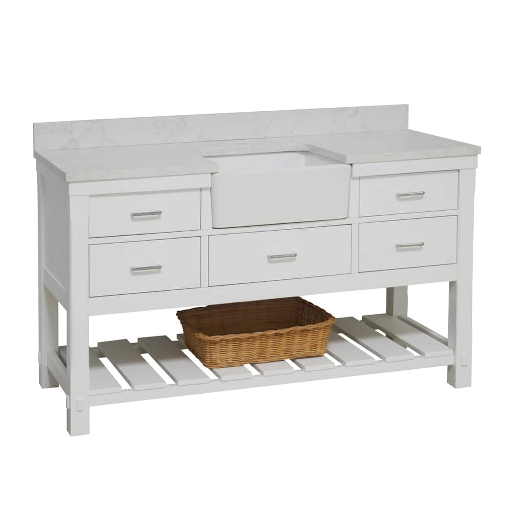 KitchenBathCollection Charlotte 60" Single Farmhouse Bathroom Vanity with Engineered Carrara Top
