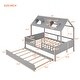 preview thumbnail 16 of 18, Full Size House Bed with Trundle, Wood Kids Full Bed with Roof and Guardrails, Playhouse Beds Frame Full for Kids