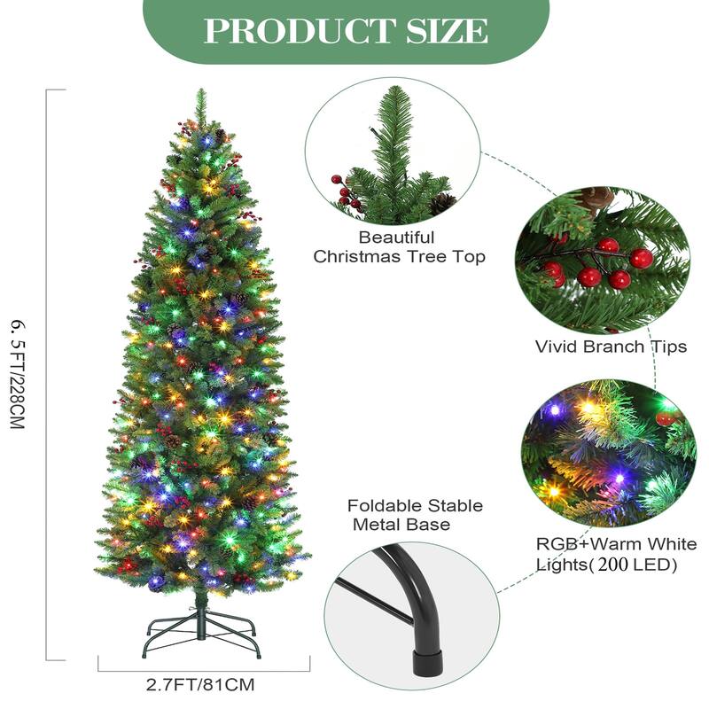 6 FT Pre-Lit Pencil Christmas Tree, Artificial Christmas Tree with 200 Multicolor Led Lights, 8 Lighting Modes
