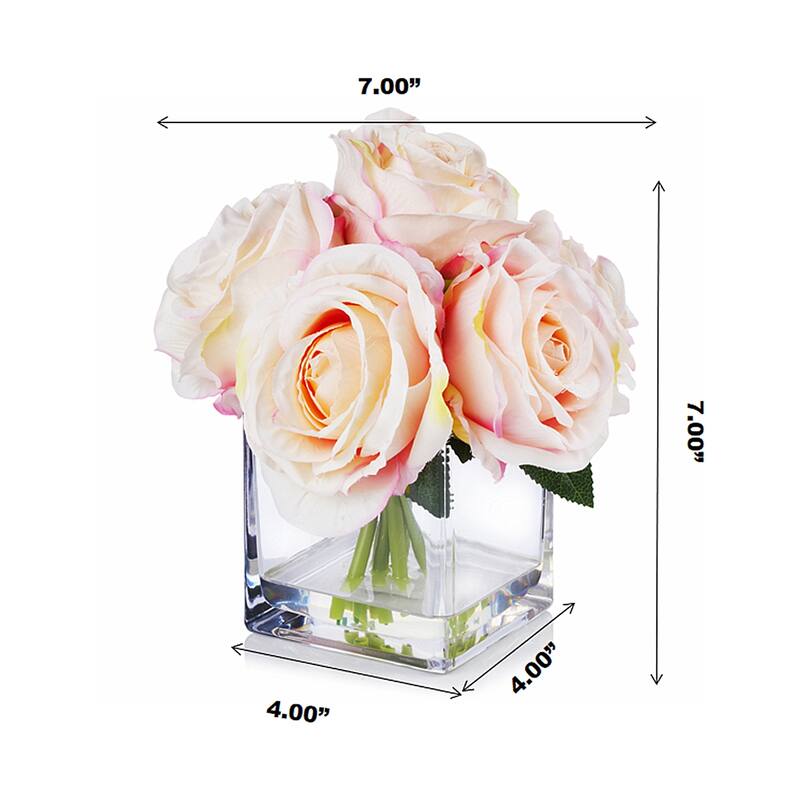 Enova Home 7 Stems Large Artificial Silk Roses Fake Flowers Arrangement in Cube Glass Vase for Home Office Wedding Decoration