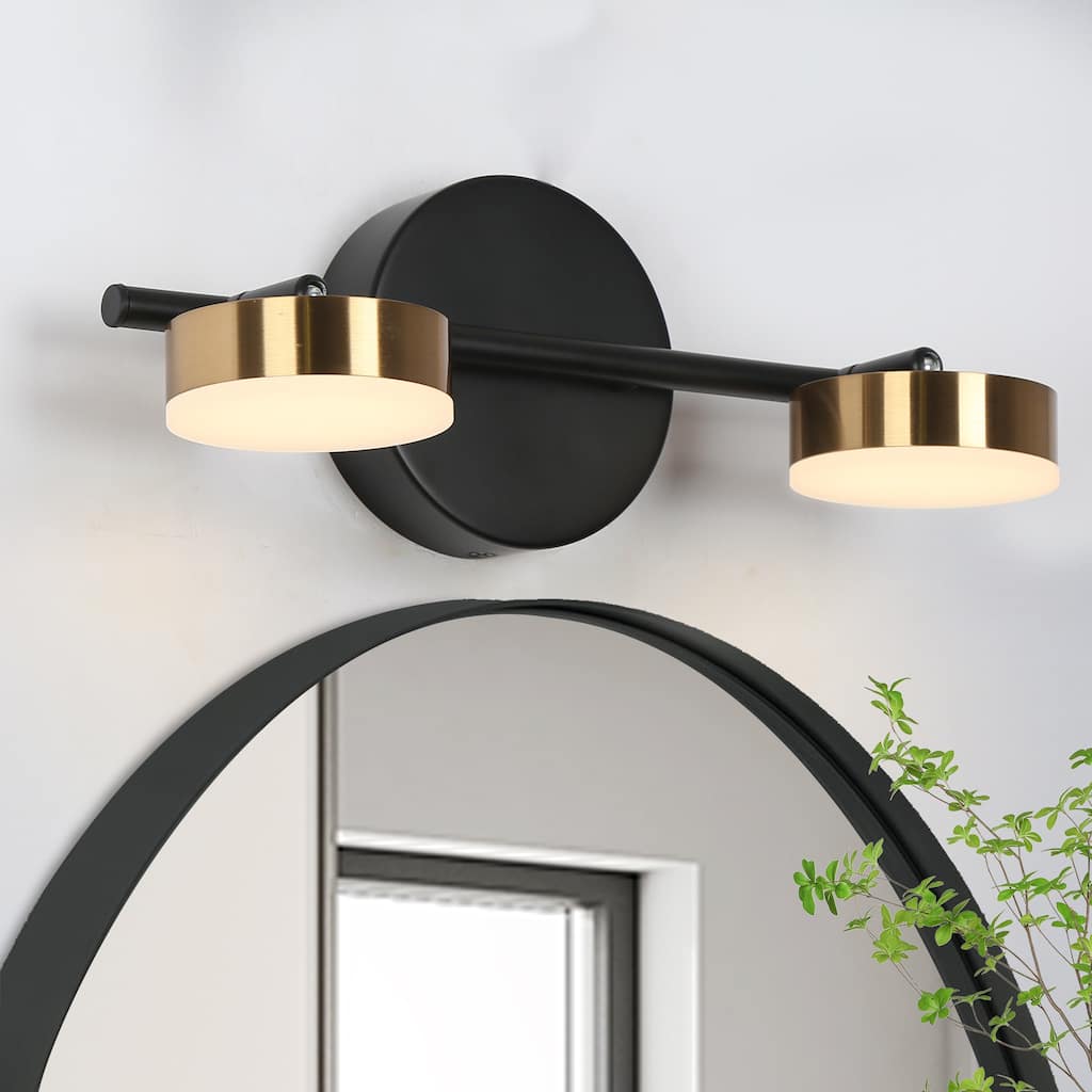 2-Light Modern Black Gold Bathroom LED Vanity Light Dimmable Wall Sconce Lighting