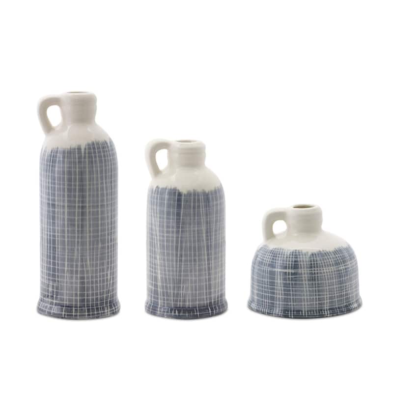 Set of Three Off White And Blue Clay Checkered Jug Vases - 4.00