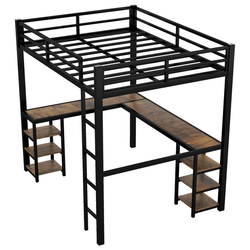 Full XL Size Metal Size Loft Bed with Desk and Shelves, Loft Bed with Ladder and Guardrails, Loft Bed Frame for Bedroom