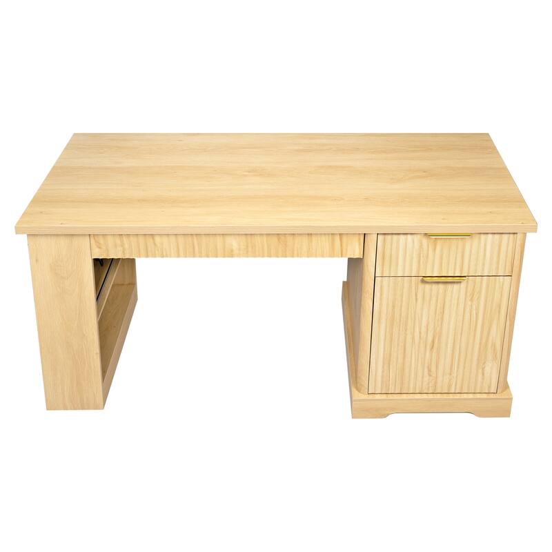 Wooden Executive Desk with Storage, Workstation Home Office Desk Computer Desk with Power Outlet, Pegboard and Keyboard Tray