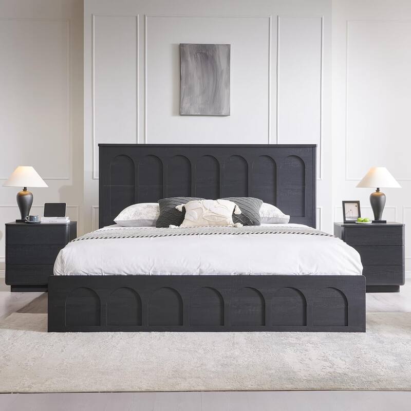 Modern King Size Bed Frame, 52" Tall Arched Recessed Headboard