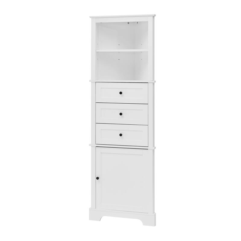 White Triangle Tall Cabinet with 3 Drawers and Adjustable Shelves for Bathroom, MDF Board with Painted Finish