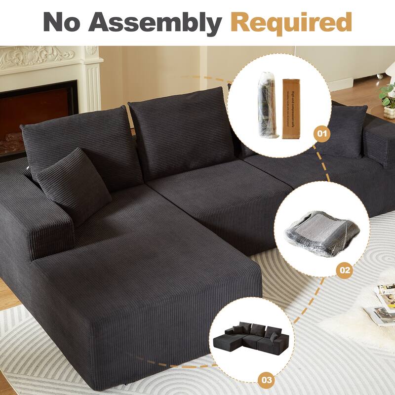 Modular Sectional Sofa with L Shape Chaise Lounge, Corduroy Upholstered 3 Seater Sofa, Deep Seat Cloud Sofa with Pillows