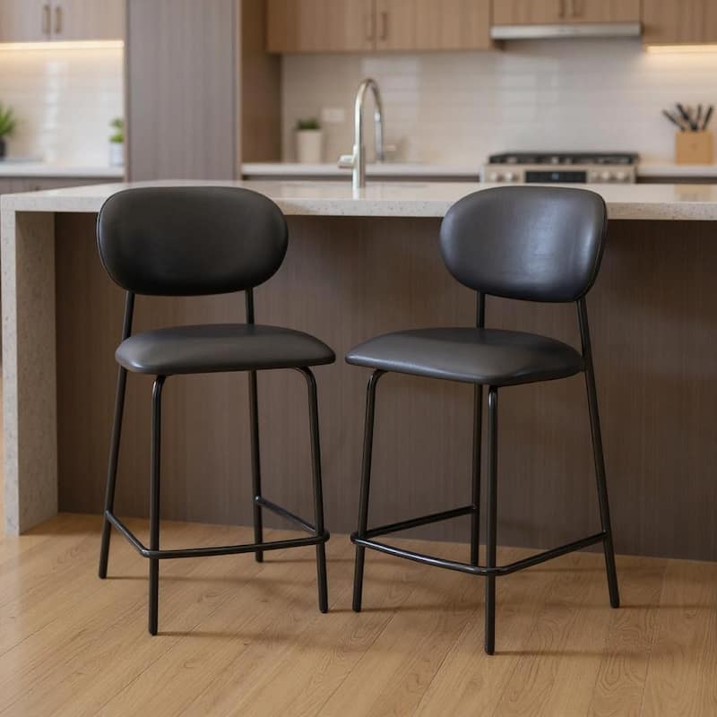 HomeRoots Set of Two 26" Black Faux Leather and Metal Counter Height Bar Chairs - Counter Height - Black - Set of 2