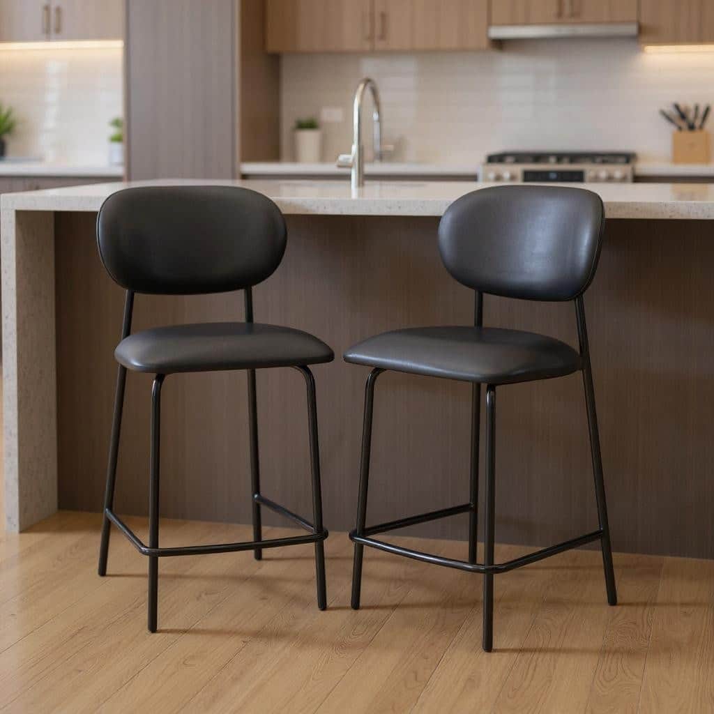 HomeRoots Set of Two 26" Black Faux Leather and Metal Counter Height Bar Chairs