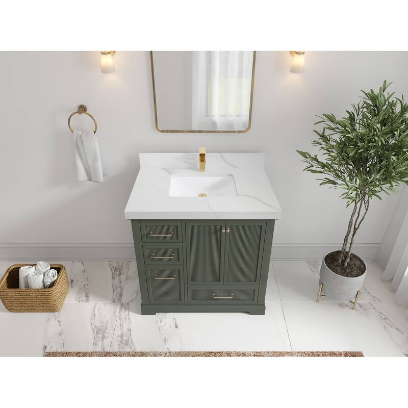 Willow Collections 36 in. W x 22 in. D Alys Center Sink Right Bathroom Vanity with Countertop - 2"Calacatta Laza - Pewtergreen