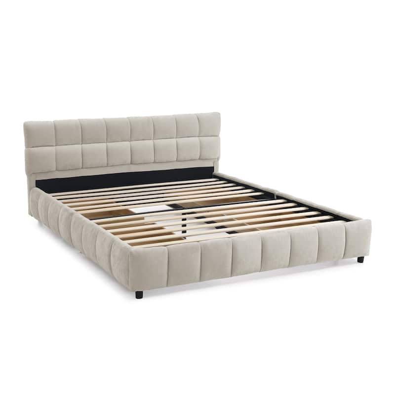 Queen Size Upholstered Bed with Storage Drawers, Soft Chenille Fabric Frame, Modern Platform Bed with Headboard