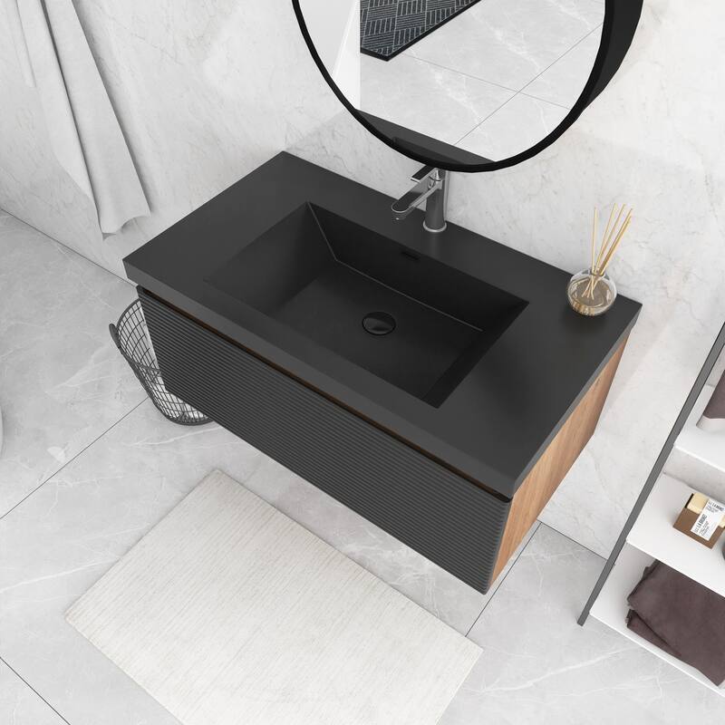 Floating Bathroom Vanity in Natural Oak with Integrated Resin Top