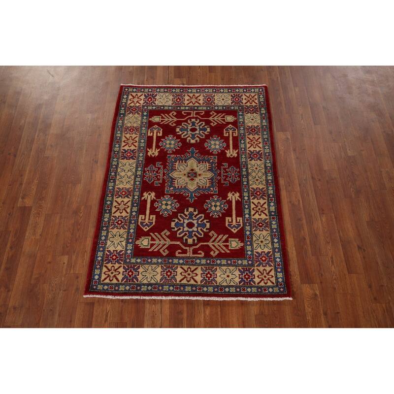 Red Geometric Kazak Foyer Rug Handmade Traditional Wool Carpet - 3'5" x 4'11"
