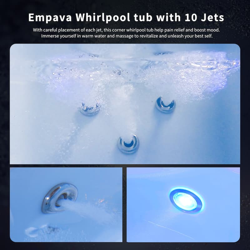 59 in. x 59 in. Left Drain Alcove Whirlpool Bathtub Corner Lighted Thermostatic Bath Tub -Rapid Drainage System in White