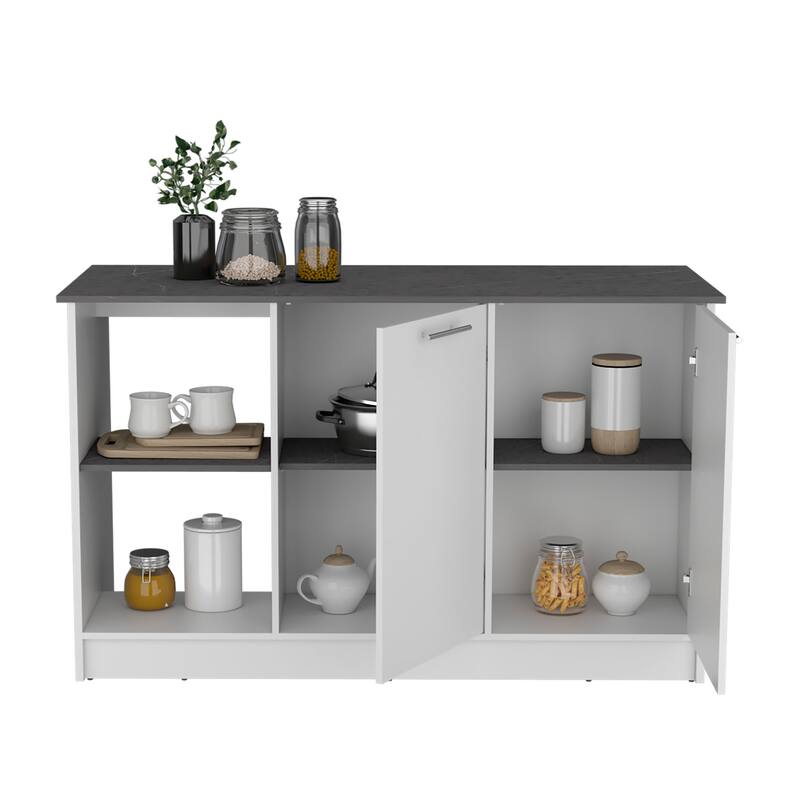 Spacious Kitchen Island with Double Door Cabinet, Open Shelves, Large Top - Black and Ibiza Marble