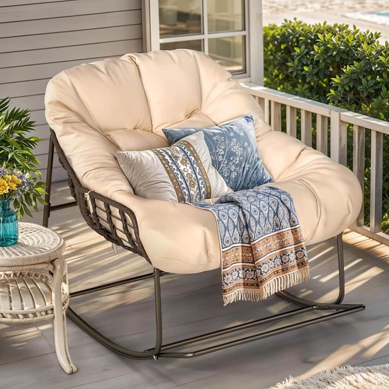Moasis Indoor and Outdoor Deep and Wide Wicker Rocking Chair Lounge Chair with Cushion - Brown/Beige