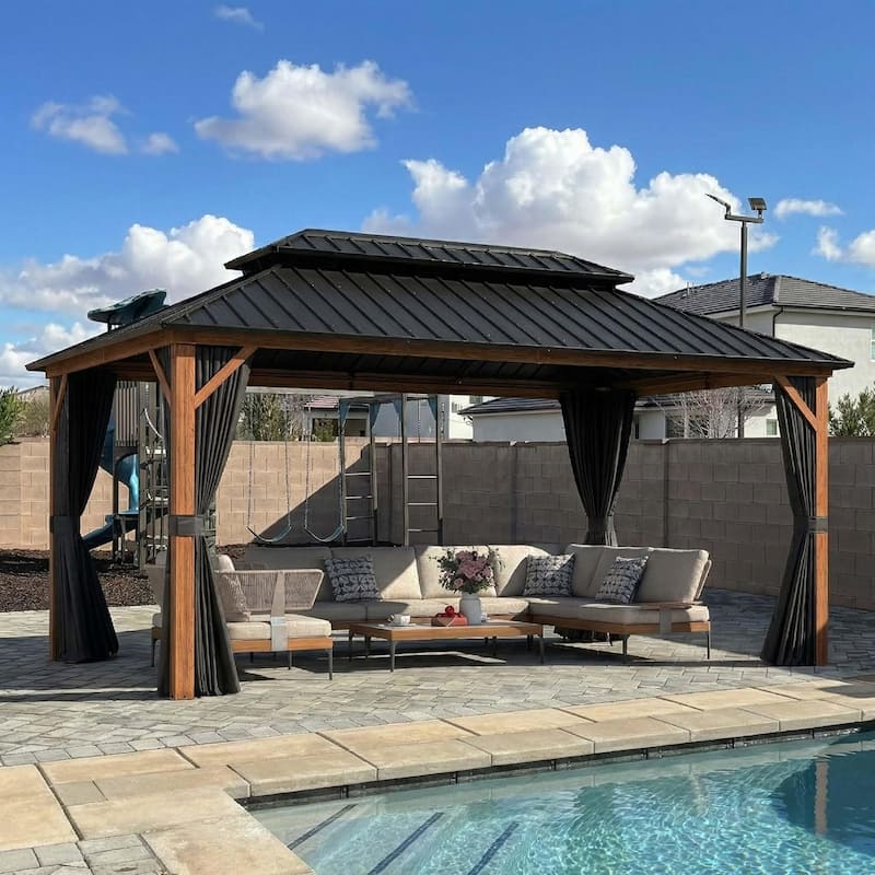 PURPLE LEAF Patio Hardtop Gazebo for Outdoor Wood Grain Aluminum Frame Galvanized Steel Double Roof and Backyard Garden - 10ft x 16ft - Wood Grain