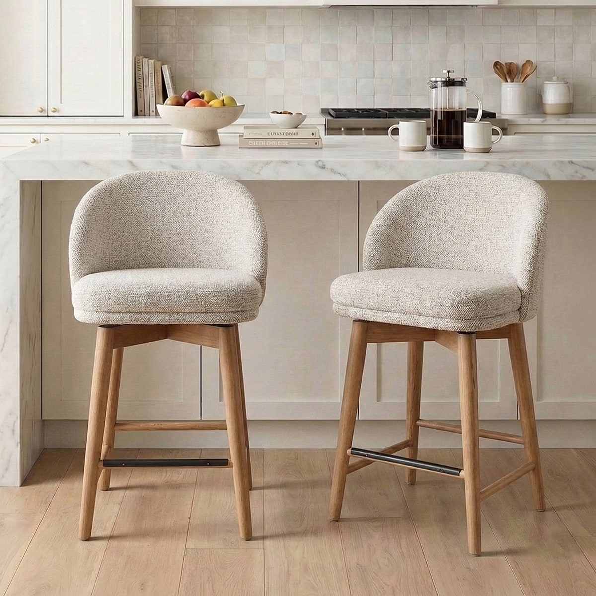 25.5" Swivel Upholstered Counter Stool Solid Wood Leg(Set of 2)