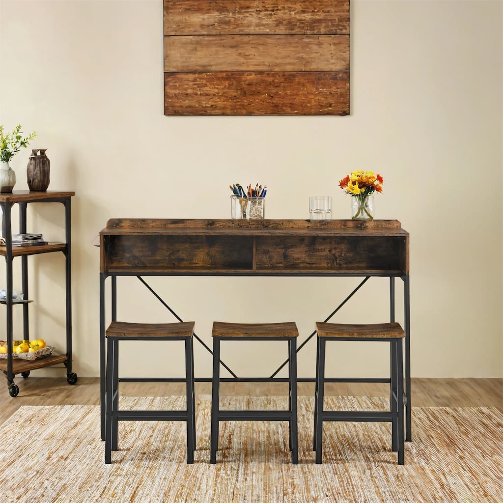 59 inch 4 Piece Dining Table and Chairs Set with Power Socket and LED Light, 3 Saddle Stools