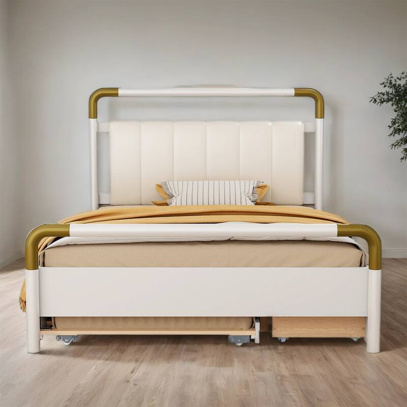 Queen Size Wooden Platform Bed w/ 2 Storage Drawers, T-XL Size Trundle