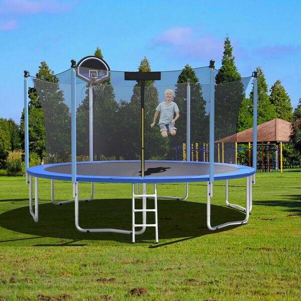 slide 2 of 7, 14 ft Trampoline Combo with Net Ladder Basketball Hoop for Kids