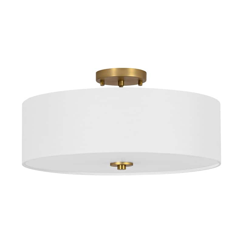 French Country Brass Round White Linen Drum Ceiling Light