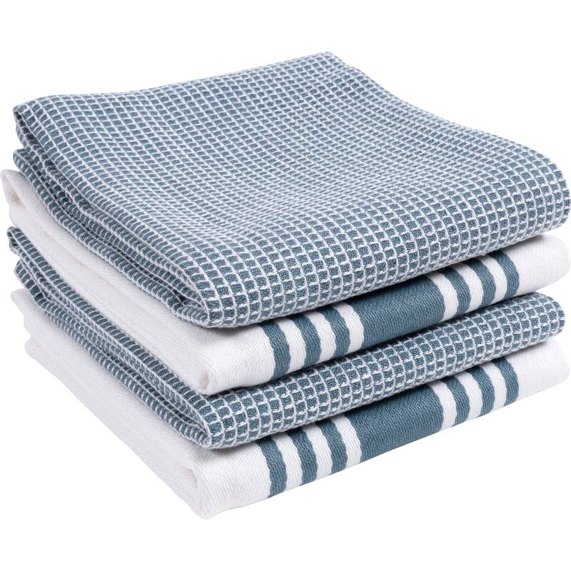 KAF Home Set of 4 Centerband and Waffle Kitchen Towels, 18"x28" - Blue