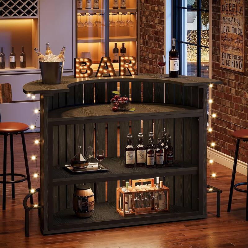 39.4” H Brown MDF Arc Shaped Bar Table, 4-Tier Home Bar Unit with Footrest