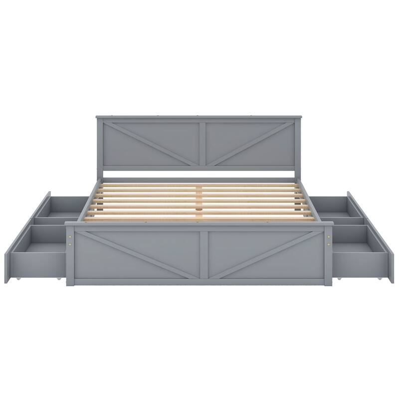 King Size Wooden Platform Bed with Four Drawers