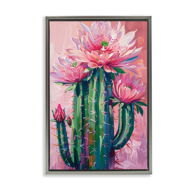 Stupell Pink Blossomed Cactus Framed Floater Canvas Wall Art Design By LSR Design Studio - 21 x 31 - Grey
