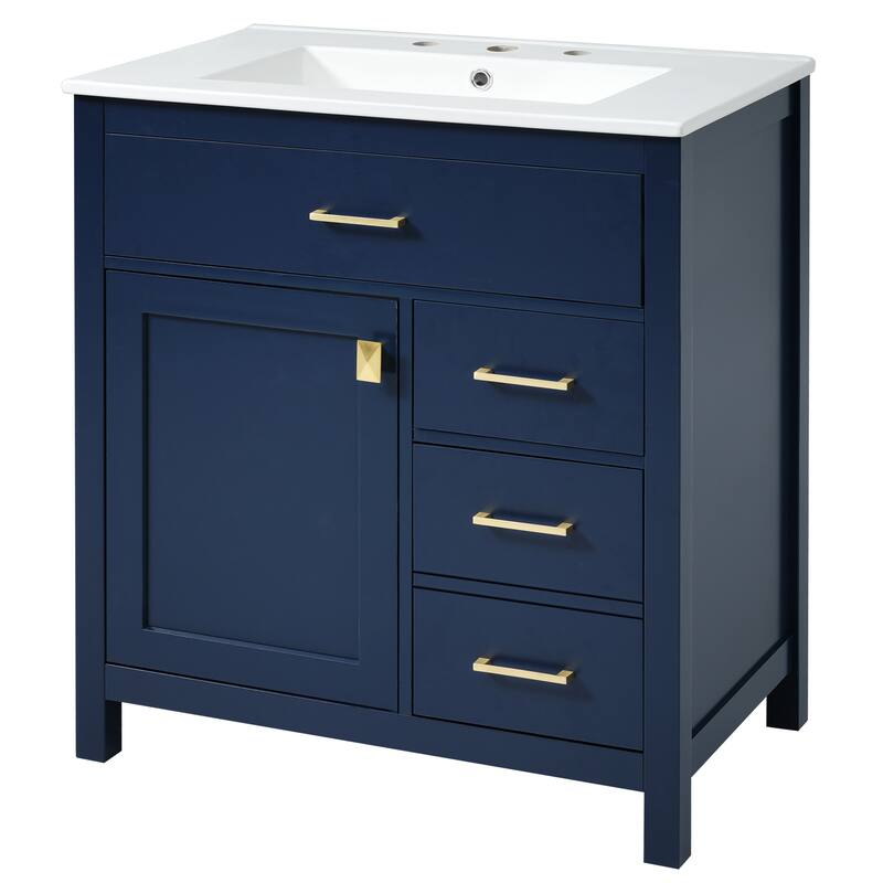 Compact 30-Inch Black Bathroom Vanity with Ceramic Sink, 3 Storage Drawers, Soft-Close Doors, Adjustable Shelf