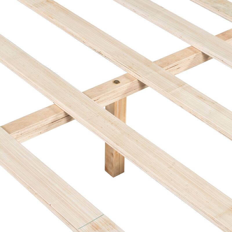 Solid Pine Wood Bed Frame, Mid Century Modern Platform Bed with Upholstered Headboard, No Box Spring Needed