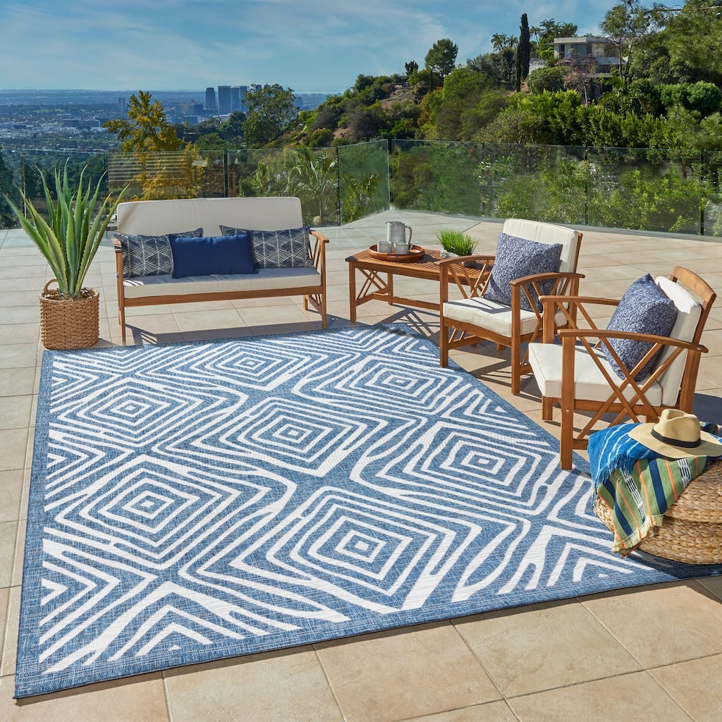 Gertmenian Tropea Stella Teal Diamond Tribal Geometric Indoor/ Outdoor Flatweave Area Rug