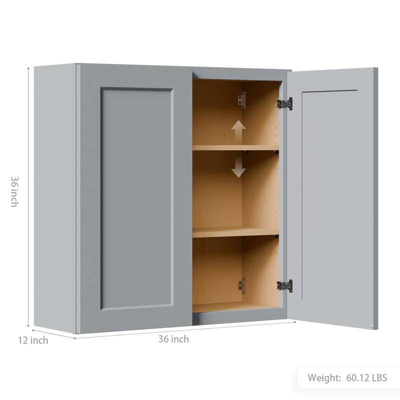 Gray Shaker Solid Wood Wall Cabinet with Soft-Close Doors, Adjustable Shelves, 36" Double Door Storage for Kitchen