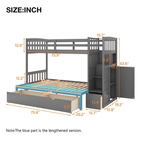 dimension image slide 0 of 2, Twin Over Full/Twin Bunk Bed with Storage Drawers & Shelves, Wooden Convertible Storage Bed Frame with Guardrails for Bedroom