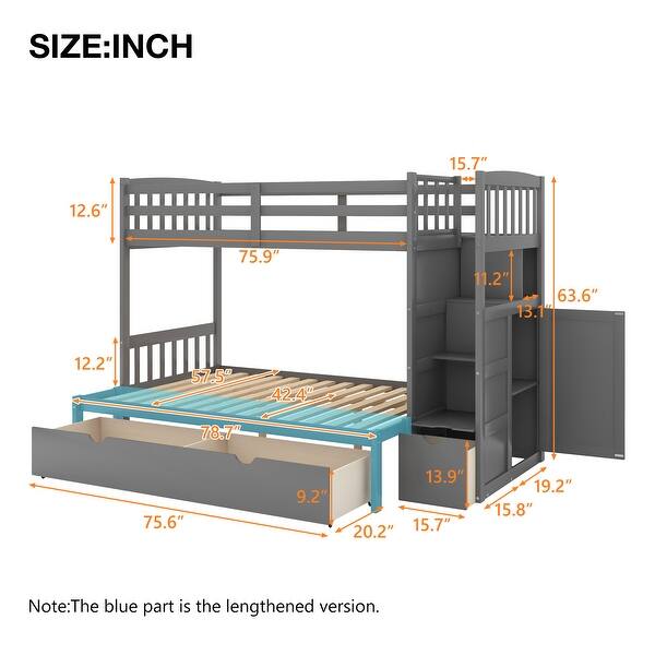 dimension image slide 0 of 2, Twin Over Full/Twin Bunk Bed with Storage Shelves & Drawers, Wood Bunk Bed Frame with Safety Guardrails, Convertible Bottom Bed