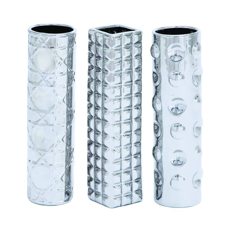CosmoLiving by Cosmopolitan Sleek Ceramic Glam Vase with Varying Patterns (Set of 3) - Silver, Gold, Dark Blue, White