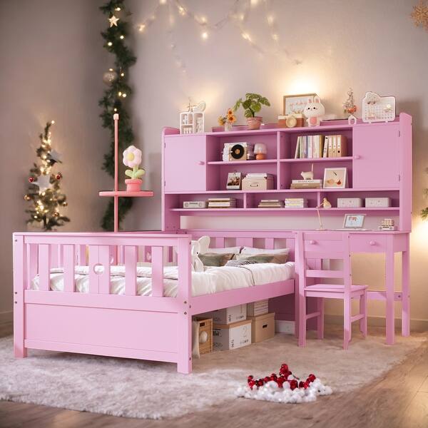 slide 2 of 54, 3 Color Multifunctional Wood Platform Bed with Bookshelf and Built-in Desk and Matching Chair Pink