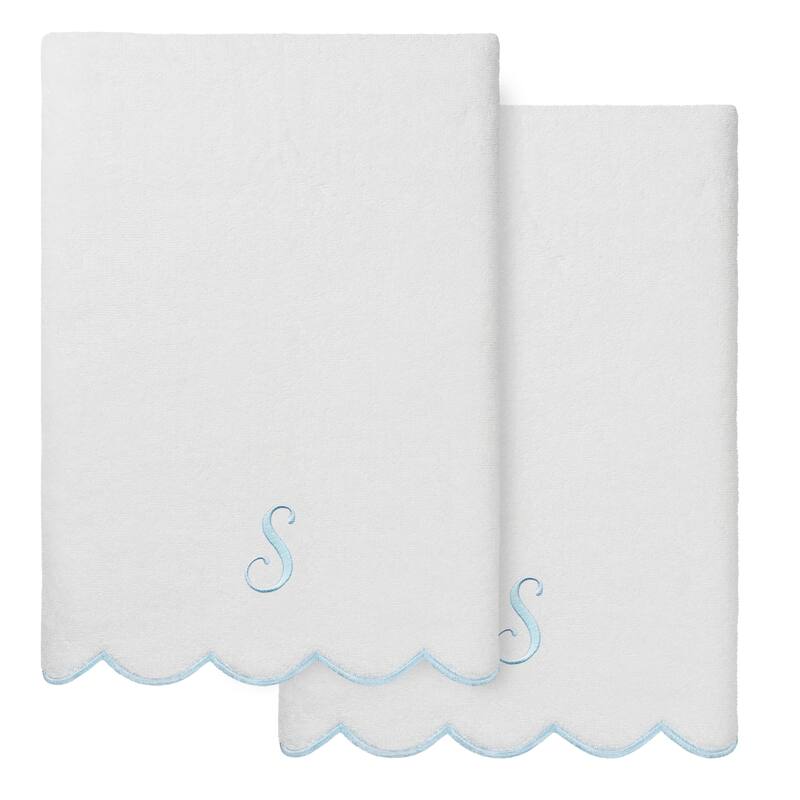 Authentic Hotel and Spa 100% Turkish Cotton Blue ADORNIA Scallop Personalized 2 Piece Bath Towel Set - 2 Bath Towels - S